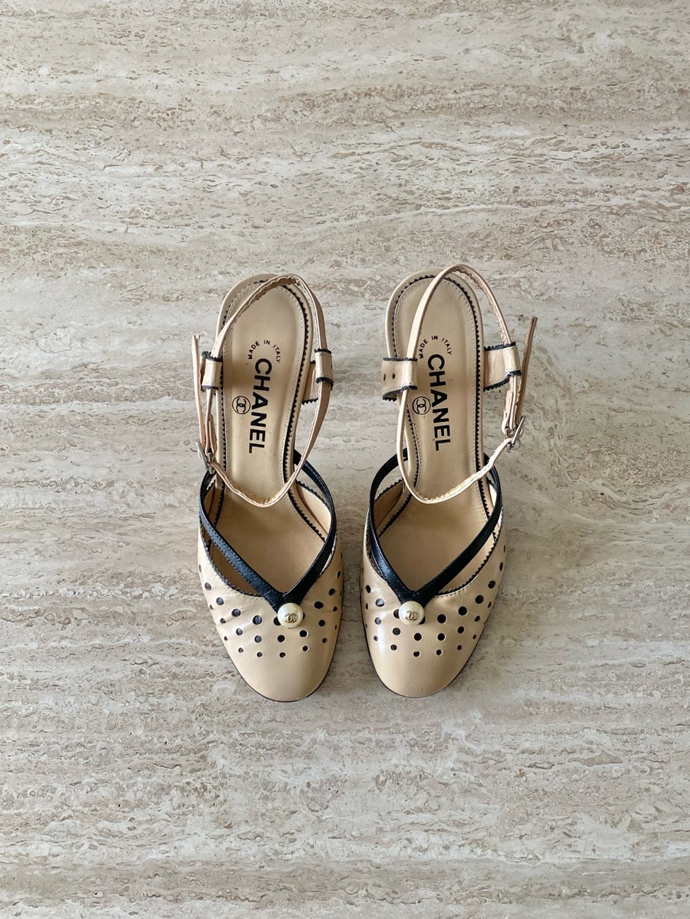 Vintage Chanel Perforated CC Pearl Ankle Strap Heels
